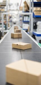 A line of boxes on a conveyor belt system in a distribution warehouse, serviced by CCR conveyor belts in San Antonio FL
